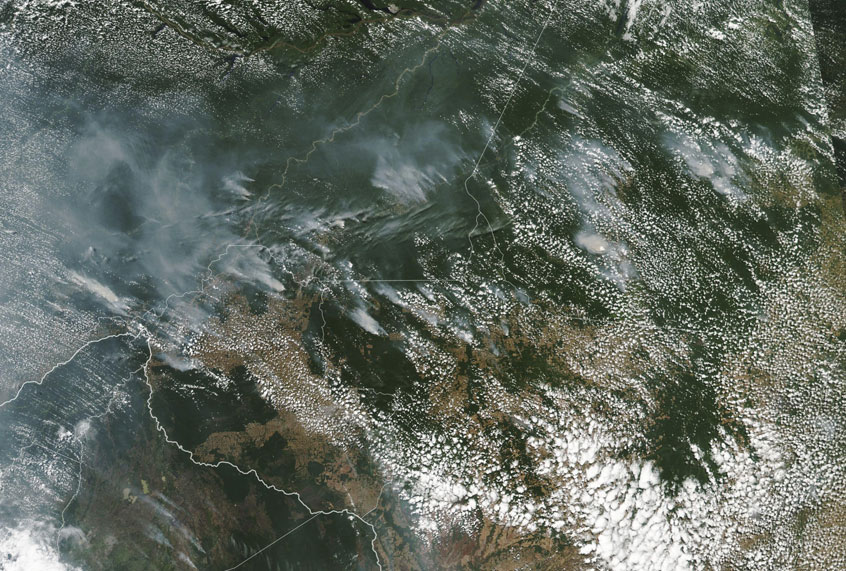 This satellite image provided by NASA on Aug. 13, 2019 shows several fires burning in the Brazilian Amazon forest. (NASA via AP)