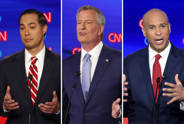 Former Housing the Urban Development Secretary Julian Castro; New York City Mayor Bill de Blasio; Sen. Cory Booker (D-NJ) (AP/Paul Sancya/Getty/Jim Watson)