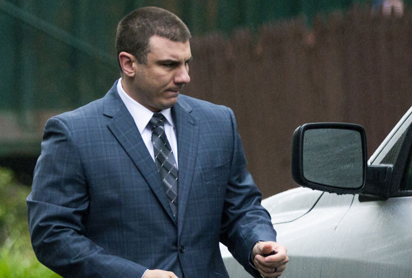 New York City police officer Daniel Pantaleo leaves his house Monday, May 13, 2019, in Staten Island, N.Y. (AP/Eduardo Munoz Alvarez)
