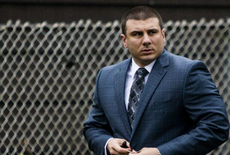 New York City police officer Daniel Pantaleo leaves his house Monday, May 13, 2019, in Staten Island, N.Y. (AP/Eduardo Munoz Alvarez)