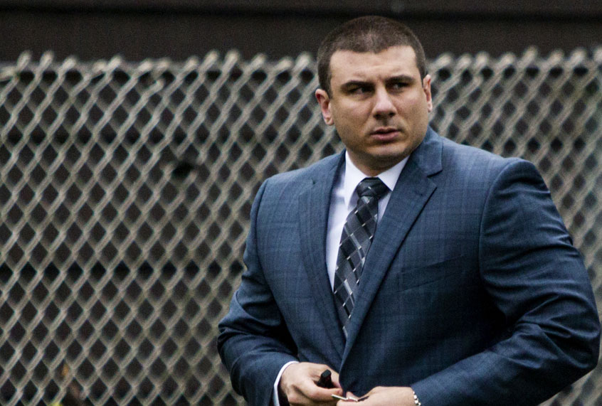 New York City police officer Daniel Pantaleo leaves his house Monday, May 13, 2019, in Staten Island, N.Y. (AP/Eduardo Munoz Alvarez)