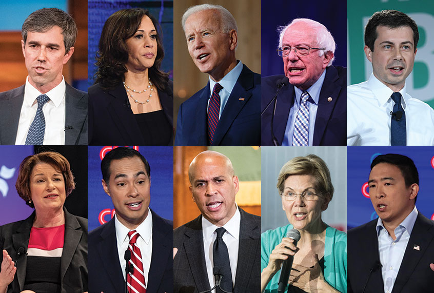 Beto O'Rourke; Kamala Harris; Joe Biden; Bernie Sanders; Pete Buttigieg; Amy Klobuchar; Julian Castro; Cory Booker; Elizabeth Warren; Andrew Yang (Getty/Sean Rayford/Josh Edelson/Scott Olson/Saul Loeb/ Sergio Flores/Jim Watson/Tom Brenner/Ethan Miller)