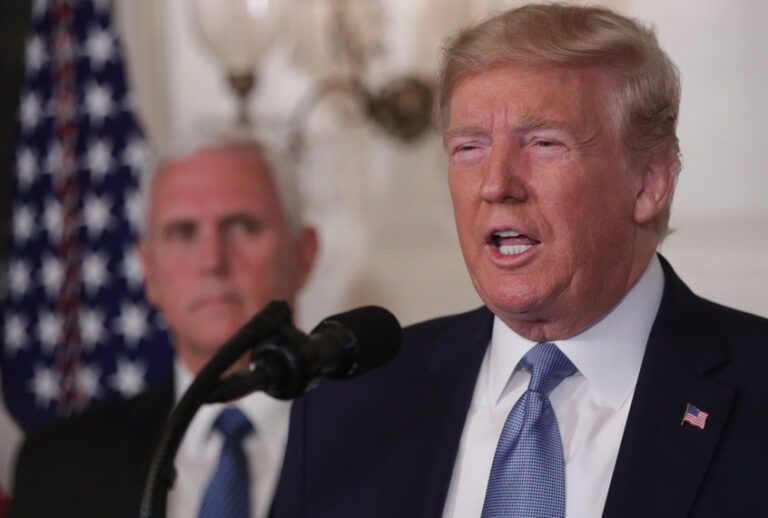 President Donald Trump makes remarks in the Diplomatic Reception Room of the White House as Vice President Mike Pence looks on August 5, 2019 in Washington, DC. President Trump delivered remarks on the mass shootings in El Paso, Texas, and Dayton, Ohio, over the weekend. (Getty/Alex Wong)