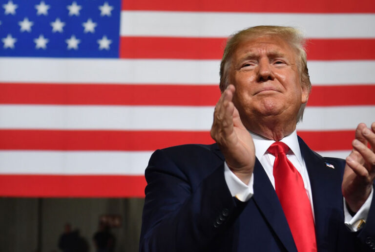 US President Donald Trump speaks during a "Keep America Great" campaign rally at the SNHU Arena in Manchester, New Hampshire, on August 15, 2019. (Getty/Nicholas Kamm)