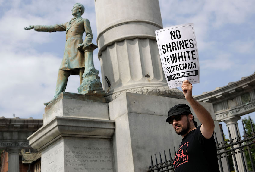 About 100 protesters gather at the Jefferson Davis Monument August 19, 2018 in Richmond, Virginia. (Chip Somodevilla/Getty Images)