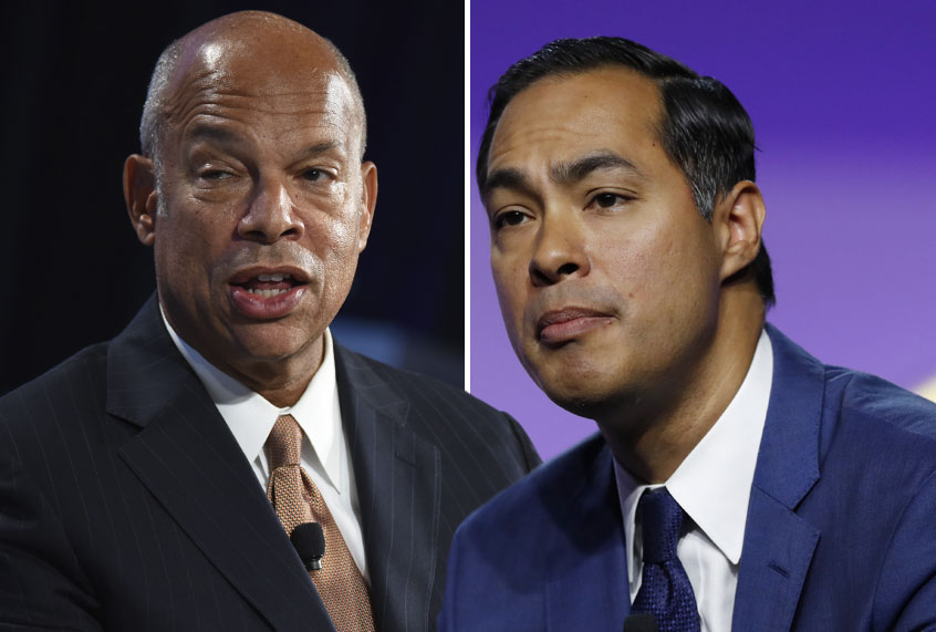 Former Secretary of the U.S. Department of Homeland Security Hon. Jeh Johnson; Democratic presidential candidate and former HUD Secretary Julian Castro (Getty/Riccardo Savi/AP/Carlos Osorio)