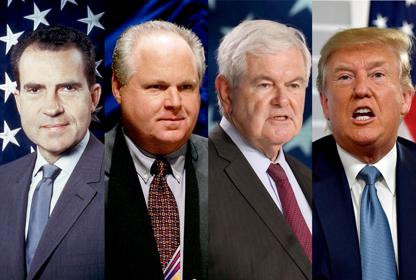 Richard Nixon, Rush Limbaugh, Newt Gingrich, Donald Trump (Getty/Keystone/Zakaria Abdelkafi/Nicholas Kamm)