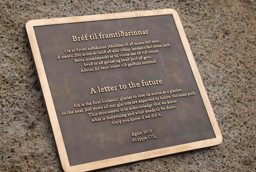 A monument is unveiled at site of Okjokull, Iceland's first glacier lost to climate change in the west of Iceland on August 18, 2019. (Getty/Jeremie Richard)
