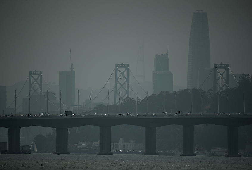SAN FRANCISCO, CA - AUGUST 24: A smoky haze obstructs the view of the San Francisco skyline on August 24, 2018 in San Francisco, California. Smoke from western wildfires has settled in the San Francisco Bay Area and has pushed the air quality into unhealthy levels. (Photo by Justin Sullivan/Getty Images) (Justin Sullivan/Getty Images)
