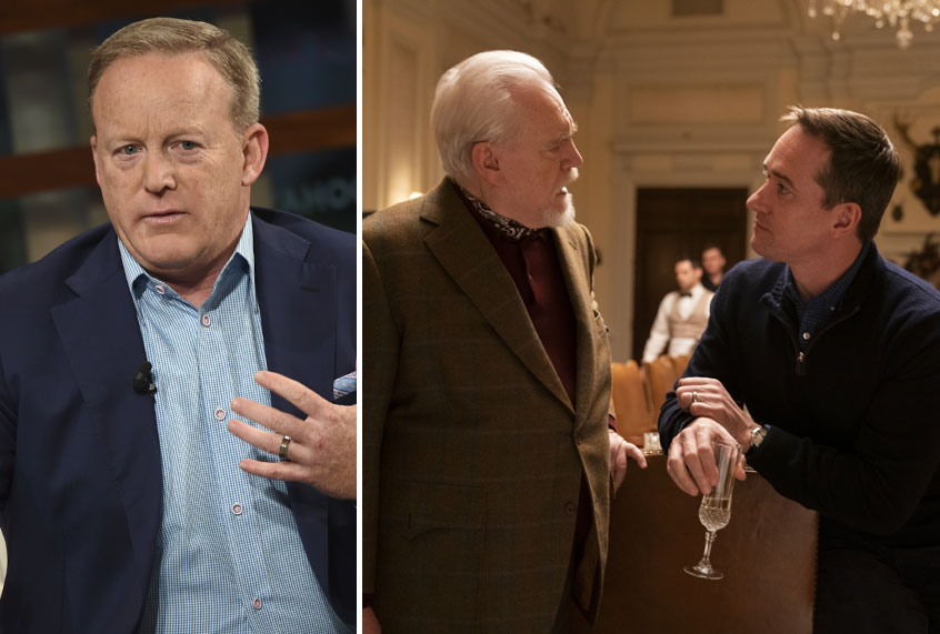 Former White House Press Secretary Sean Spicer; Brian Cox and Matthew Macfadyen in "Succession" (AP/Evan Agostini/Peter Kramer/HBO)