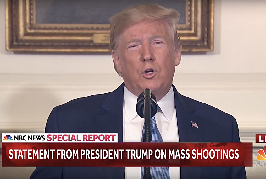 Donald Trump delivers remarks following mass shootings in El Paso, TX and Dayton, OH over the weekend. (YouTube/NBC News)