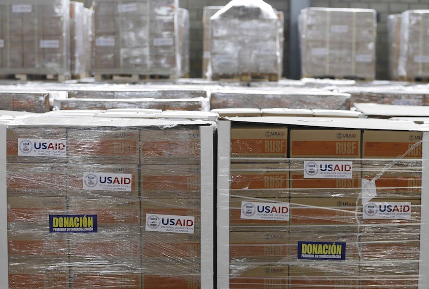USAID humanitarian aid is stored at a warehouse next to the Tienditas International Bridge on the outskirts of Cucuta, Colombia, on the border with Venezuela, Tuesday, Feb. 19, 2019. (AP Photo/Fernando Vergara)