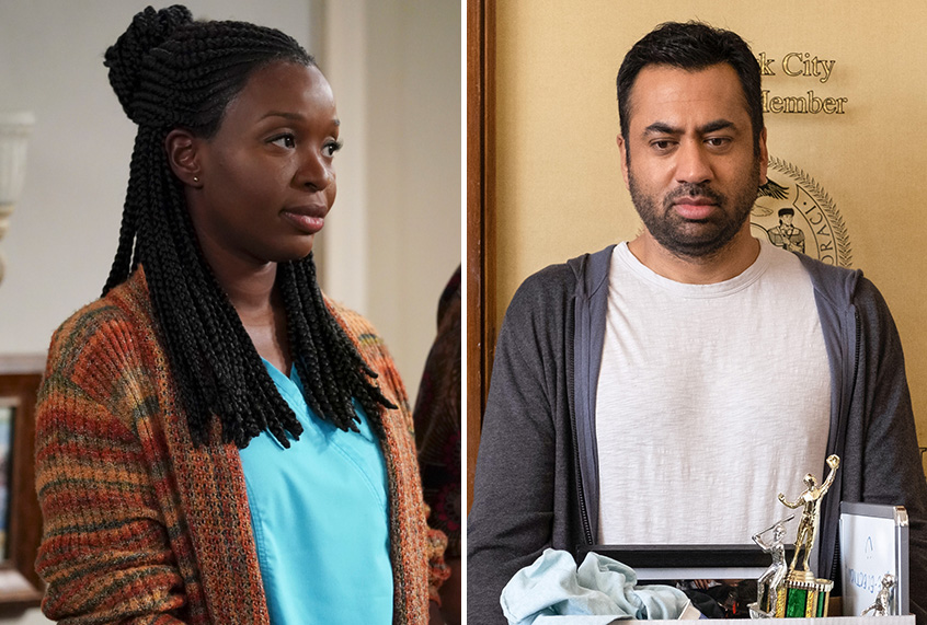 Folake Olowofoyeku in "Bob Hearts Abishola" and Kal Penn in "Sunnyside" (Michael Yarish/CBS and Colleen Hayes/NBC)
