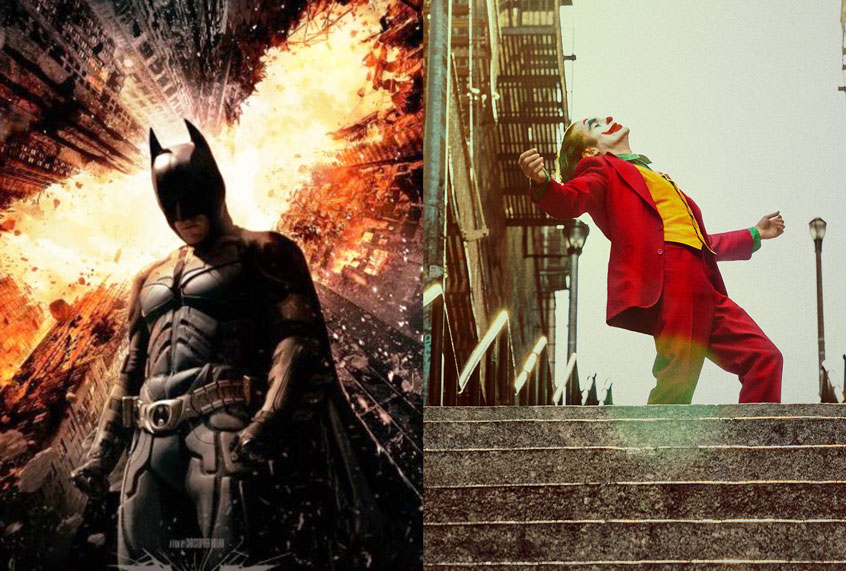 (L) Christian Bale in The Dark Knight Rises (2012). 
(R) JOAQUIN PHOENIX as Joker in Warner Bros. Pictures, Village Roadshow Pictures and BRON Creative’s “JOKER,” a Warner Bros. Pictures release. (Warner Bros. Entertainment/Niko Tavernise/)