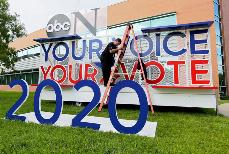 Signage is erected for the upcoming Democratic presidential primary debates hosted by ABC on the campus of Texas Southern University, Wednesday, Sept. 11, 2019, in Houston. (AP Photo/Eric Gay)