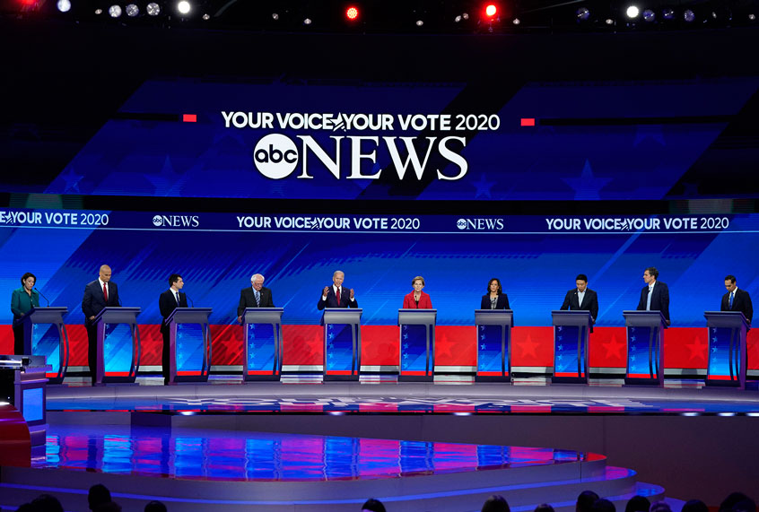 From left, Democratic presidential candidates Sen. Amy Klobuchar, D-Minn., Sen. Cory Booker, D-N.J., South Bend Mayor Pete Buttigieg, Sen. Bernie Sanders, I-Vt., former Vice President Joe Biden, Sen. Elizabeth Warren, D-Mass., Sen. Kamala Harris, D-Calif., entrepreneur Andrew Yang, former Texas Rep. Beto O'Rourke and former Housing Secretary Julian Castro resume their debate Thursday, Sept. 12, 2019, after a break during a Democratic presidential primary debate hosted by ABC at Texas Southern University in Houston. (AP Photo/David J. Phillip)