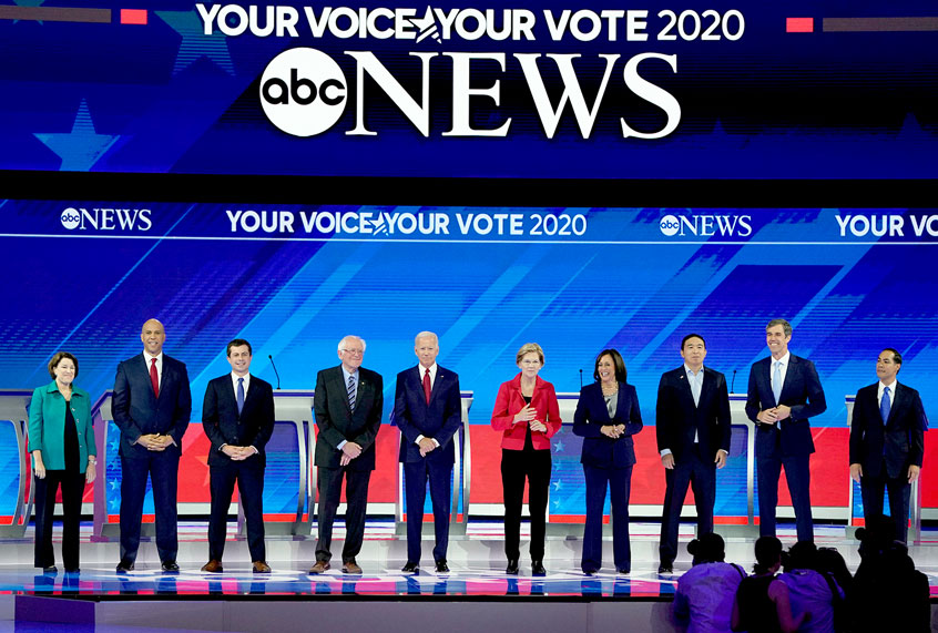 From left, Democratic presidential candidates Sen. Amy Klobuchar, D-Minn., Sen. Cory Booker, D-N.J., South Bend Mayor Pete Buttigieg, Sen. Bernie Sanders, I-Vt., former Vice President Joe Biden, Sen. Elizabeth Warren, D-Mass., Sen. Kamala Harris, D-Calif., entrepreneur Andrew Yang, former Texas Rep. Beto O'Rourke and former Housing Secretary Julian Castro are introduced Thursday, Sept. 12, 2019, before a Democratic presidential primary debate hosted by ABC at Texas Southern University in Houston. (AP Photo/David J. Phillip)