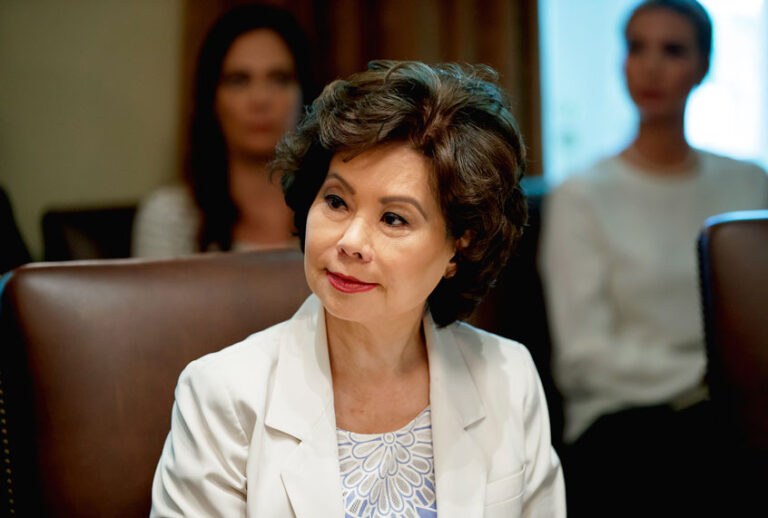 Transportation Secretary Elaine Chao listens during a Cabinet meeting in the Cabinet Room of the White House, Tuesday, July 16, 2019, in Washington. (AP Photo/Alex Brandon)