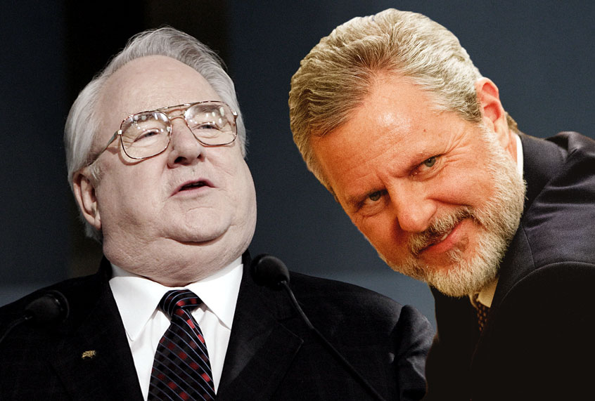 Jerry Falwell and Jerry Falwell Jr. (AP Photo/Evan Vucci/Jeff Fusco/Getty Images)