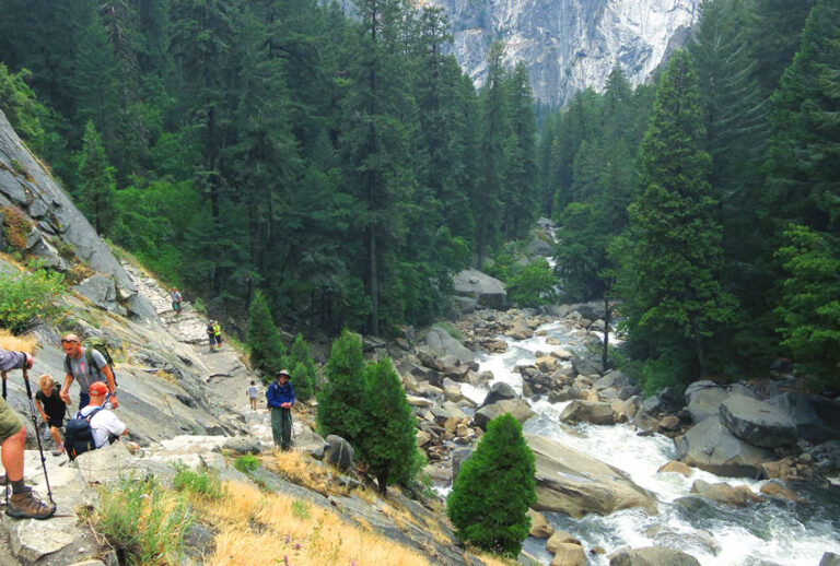 Visitors hike the Vernal Fall trail in Yosemite National Park, California. Yosemite is among California's biggest tourist destinations. (Sean Gallup/Getty Images)