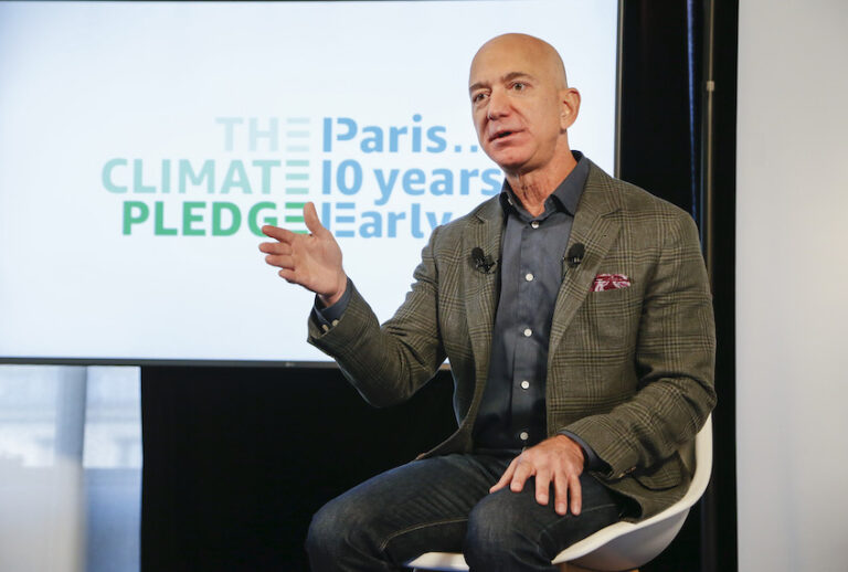 Amazon CEO Jeff Bezos announces  the co-founding of The Climate Pledge at the National Press Club on September 19, 2019 in Washington, DC. (Paul Morigi/Getty Images for Amazon)