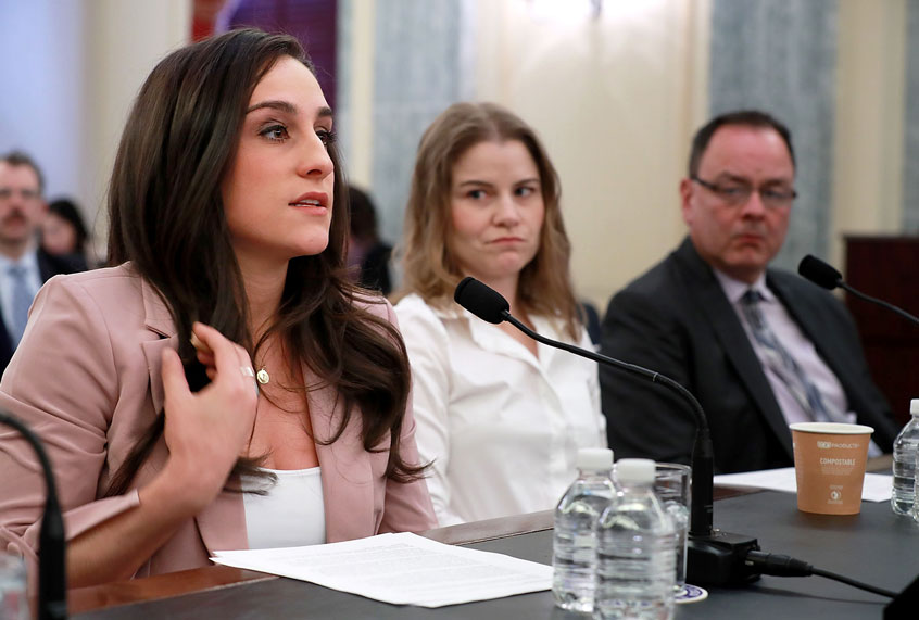 Olympic gymnastics gold medalist Jordyn Wieber (L) recounts her sexual abuse at the hands of team doctor Larry Nassar while testifying before the Senate Commerce, Science and Transportation Committee's Consumer Protection, Product Safety, Insurance and Data Security Subcommittee with fellow abuse victims speedskater Bridie Farrell and figureskater Craig Maurizi in the Russell Senate Office Building on Capitol Hill April 18, 2018 in Washington, DC. The athletes testified during the hearing titled 'Olympic Abuse: The Role of National Governing Bodies in Protecting Our Athletes.' (Chip Somodevilla/Getty Images)