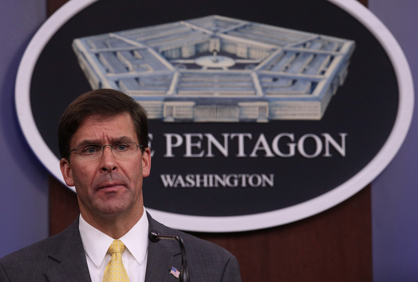 U.S. Secretary of Defense Mark Esper holds a media briefing at the Pentagon August 28, 2019 in Arlington, Virginia. (Photo by Alex Wong/Getty Images)