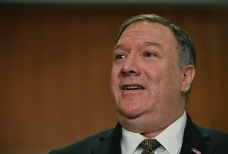 US Secretary of State Mike Pompeo talks to the press on the sidelines of the Arctic Council ministers' working dinner at the Arktikum museum in Rovaniemi, Finland on May 6, 2019. (Photo by MANDEL NGAN / POOL / AFP) (Mandel Ngan/Pool Photo via AP)
