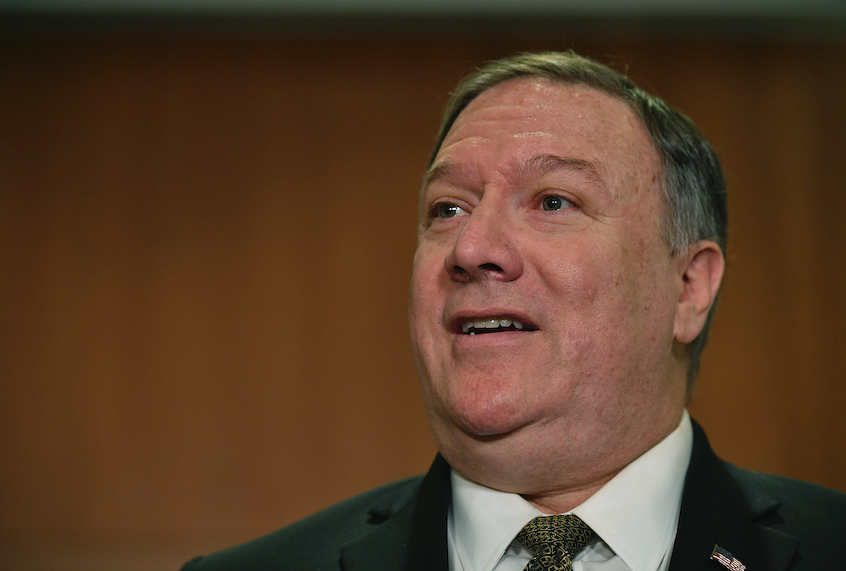 US Secretary of State Mike Pompeo talks to the press on the sidelines of the Arctic Council ministers' working dinner at the Arktikum museum in Rovaniemi, Finland on May 6, 2019. (Photo by MANDEL NGAN / POOL / AFP) (Mandel Ngan/Pool Photo via AP)