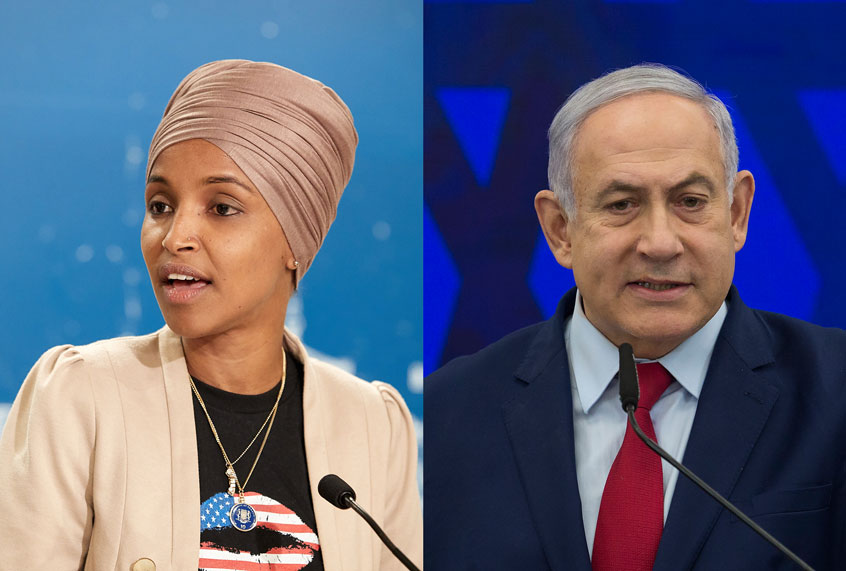 U.S. Rep. Ilhan Omar (D-MN) and Israeli Prime Minster Benjamin Netanyahu (Getty Images/ Adam Bettcher/ Amir Levy)