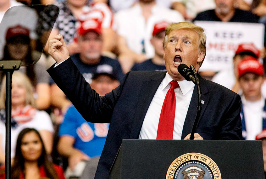 President Donald Trump speaks at a campaign rally at U.S. Bank Arena on August 1, 2019 in Cincinnati, Ohio. The president was critical of his Democratic rivals, condemning what he called "wasted money" that has contributed to blight in inner cities run by Democrats, according to published reports. (Andrew Spear/Getty Images)
