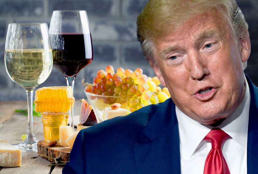 Donald Trump superimposed over fancy wines and cheeses (Getty Images/ Anna Pustynnikova/ Bertrand Guay)