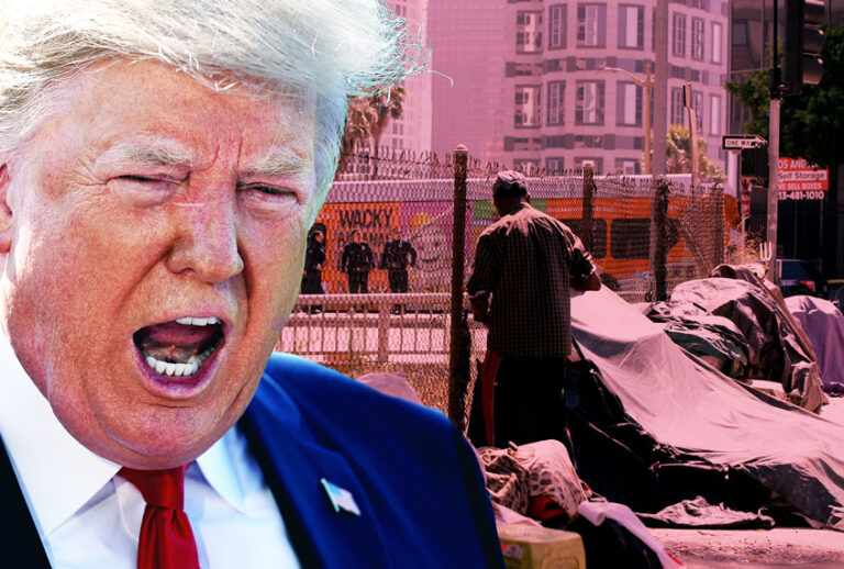 A newly displaced homeless camp is seen while Los Angeles Police officers guard a Harbor Freeway ramp during the visit of President Donald Trump in Los Angeles, Tuesday, Sept. 17, 2019. Trump began a California visit on Tuesday, saying he will do "something" about homelessness but offering no specifics beyond the mention of creating a task force. (AP Photo/Damian Dovarganes)