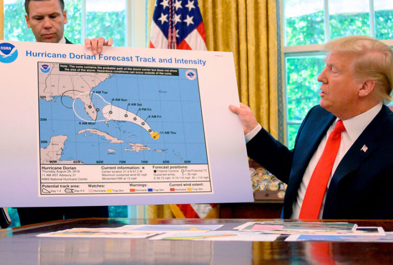 US President Donald Trump and Acting US Secretary of Homeland Security Kevin McAleenan update the media on Hurricane Dorian preparedness from the Oval Office at the White House in Washington, DC, September 4, 2019. (JIM WATSON/AFP/Getty Images)