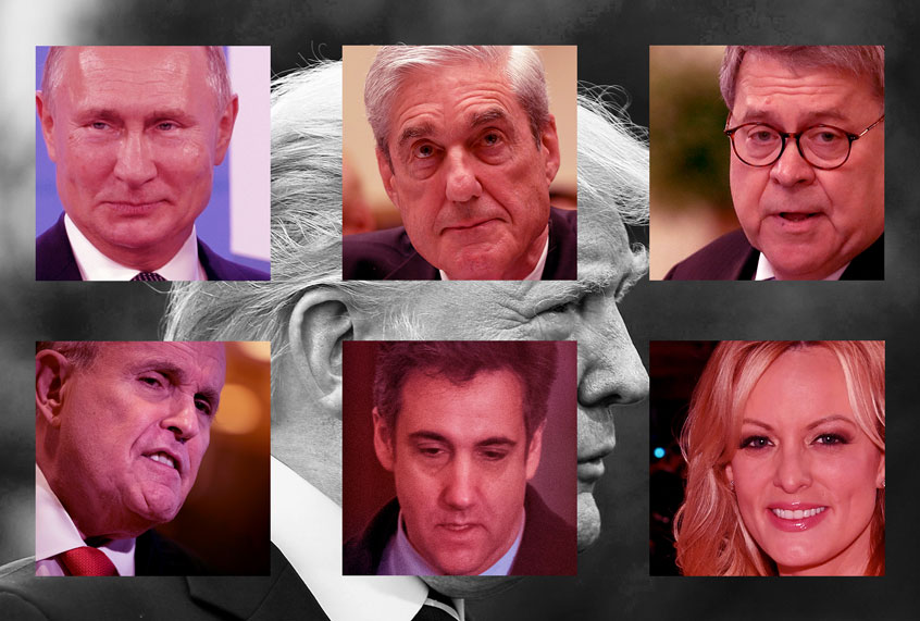 Donald Trump, Vladimir Putin, Bill Barr, Rudy Giuliani, Michael Cohen, and Stormy Daniels (AP Photo/Getty Images/Salon)