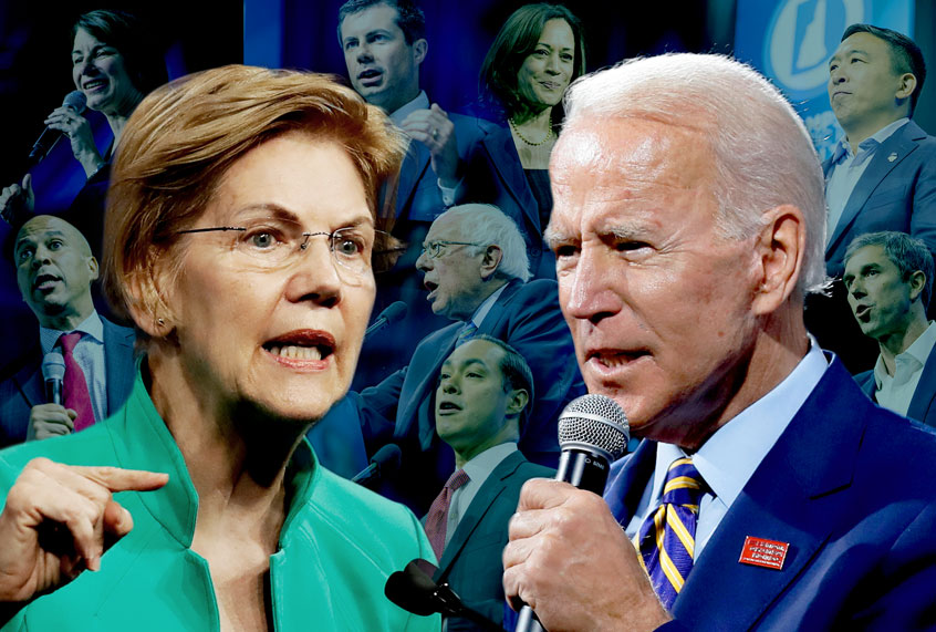 Presidential candidates Elizabeth Warren and Joe Biden in the forefront, with Cory Booker, Amy Klobuchar, Pete Buttigieg, Kamala Harris, Bernie Sanders, Julian Castro, Beto O'Rourke and Andrew Yang behind. (Getty Images/ Scott Eisen/ Zach Gibson/ Salon)