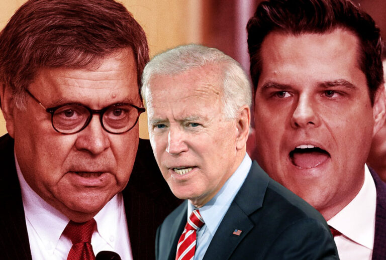 Bill Barr, Matt Gaetz and Joe Biden (Getty Images/Rick Loomis/Alex Wong/Nicholas Kamm/Salon)