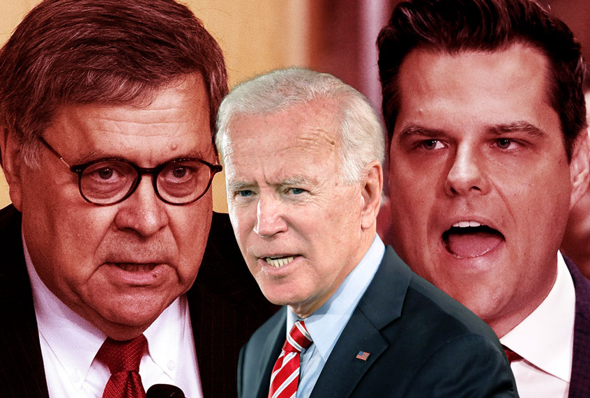 Bill Barr, Matt Gaetz and Joe Biden (Getty Images/Rick Loomis/Alex Wong/Nicholas Kamm/Salon)