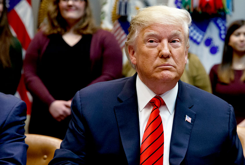 President Donald Trump arrives for an event to speak with Jessica Meir and Christina Koch as they conduct the first all-female spacewalk, from the Roosevelt Room of the White House, Friday, Oct. 18, 2019, in Washington. (AP Photo/Evan Vucci)