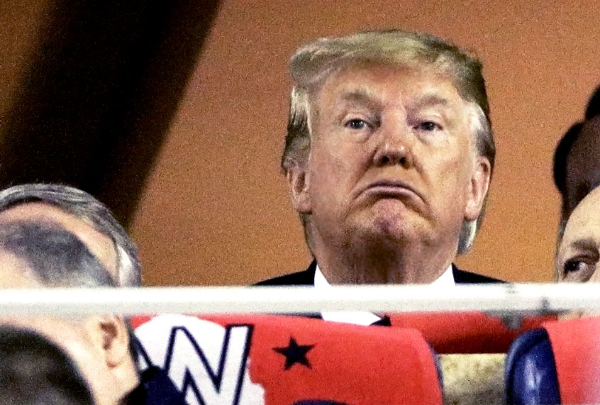 Donald Trump attends Game Five of the 2019 World Series between the Houston Astros and the Washington Nationals at Nationals Park on October 27, 2019 in Washington, DC. (Photo by (Patrick Smith/Getty Images)