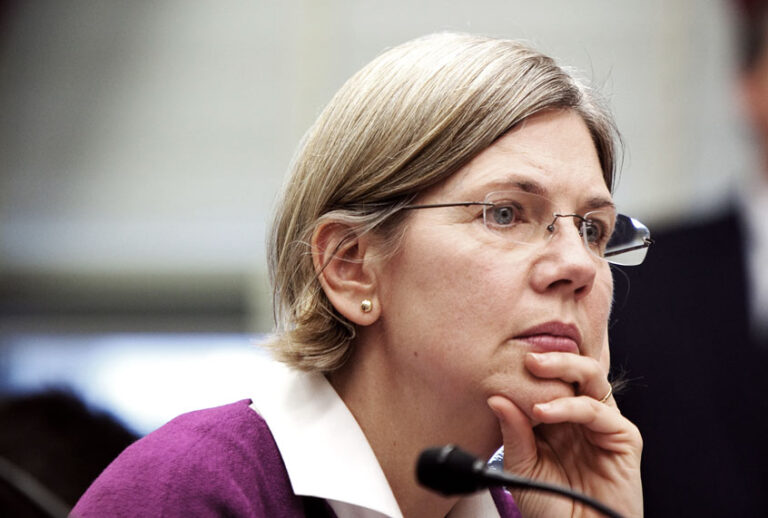 Elizabeth Warren, chair of the Congressional Oversight Panel, testifies at a hearing on Capitol Hill on oversight of the Troubled Asset Relief Program (TARP) on Feb. 24, 2009 in Washington, DC. The hearing focused on ensuring the funds are spent transparently. (Brendan Hoffman/Getty Images)