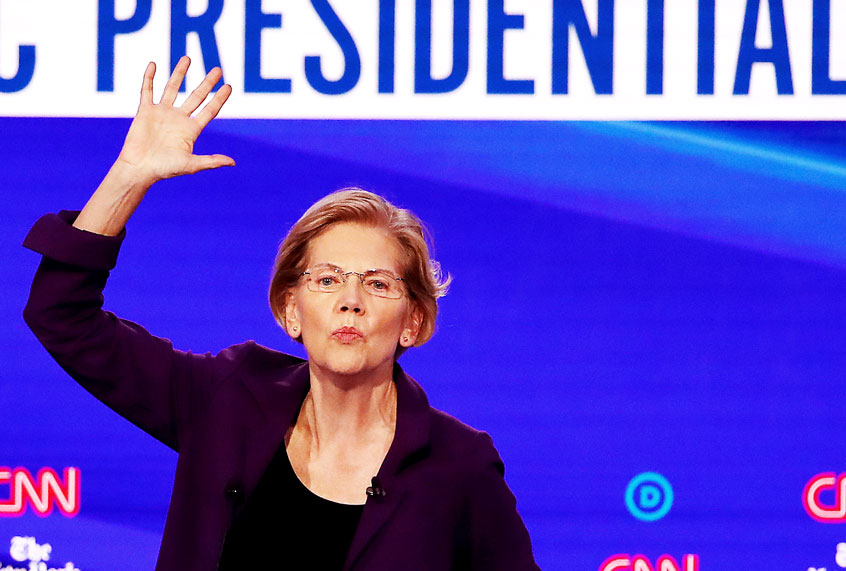 Elizabeth Warren (D-MA) speaks during the Democratic Presidential Debate at Otterbein University on October 15, 2019 in Westerville, Ohio. A record 12 presidential hopefuls are participating in the debate hosted by CNN and The New York Times. (Win McNamee/Getty Images)