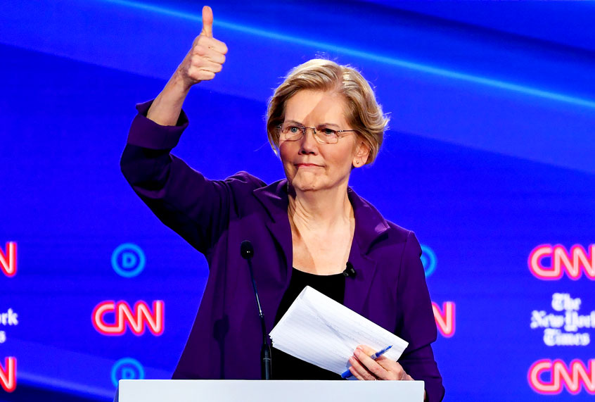 Democratic presidential hopeful Massachusetts Senator Elizabeth Warren gestures during the fourth Democratic primary debate of the 2020 presidential campaign season co-hosted by The New York Times and CNN at Otterbein University in Westerville, Ohio on October 15, 2019. (SAUL LOEB/AFP via Getty Images)