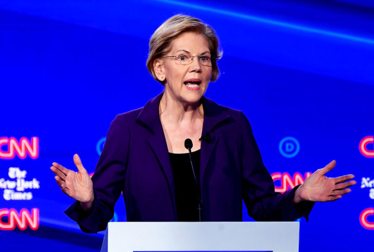 Democratic presidential hopeful Massachusetts Senator Elizabeth Warren speaks during the fourth Democratic primary debate of the 2020 presidential campaign season co-hosted by The New York Times and CNN at Otterbein University in Westerville, Ohio on October 15, 2019. (SAUL LOEB/AFP via Getty Images)