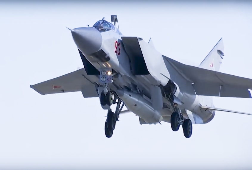 A MiG-31 fighter jet of the Russian air force carrying the new Kinzhal hypersonic missile takes off from an air base in southern Russia. (AP Photo/ Russian Defense Ministry Press Service, File)