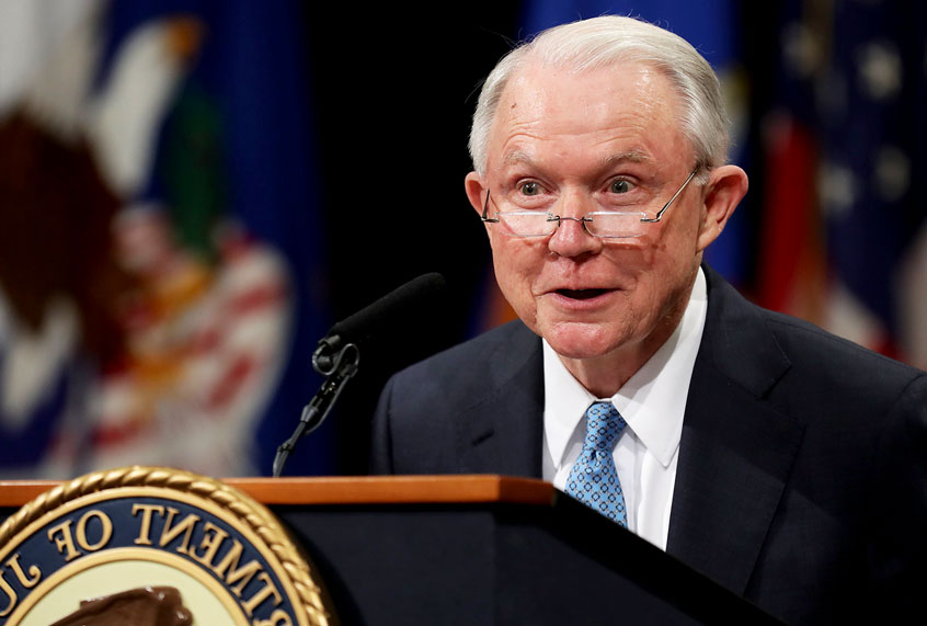 Former U.S. Attorney General Jeff Sessions delivers remarks during a farewell ceremony for Deputy Attorney General Rod Rosenstein at the Robert F. Kennedy Main Justice Building May 09, 2019 in Washington, DC. Rosenstein, who has worked for the federal government for more than 29 years, will be most remembered for overseeing special counsel Robert Mueller's investigation into Russian interference in the 2018 presidential election. (Chip Somodevilla/Getty Images)