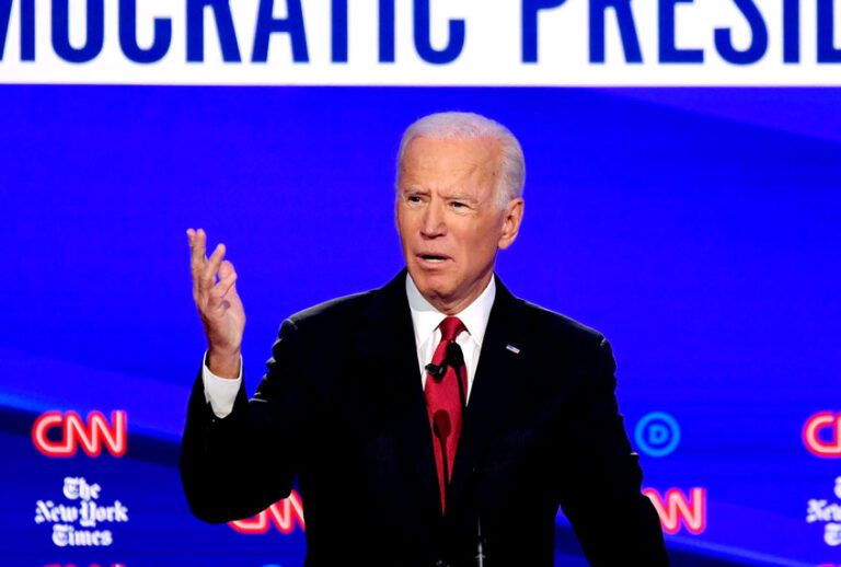 Democratic presidential hopeful former US Vice President Joe Biden gestures as he speaks during the fourth Democratic primary debate of the 2020 presidential campaign season co-hosted by The New York Times and CNN at Otterbein University in Westerville, Ohio on October 15, 2019. (SAUL LOEB/AFP via Getty Images)