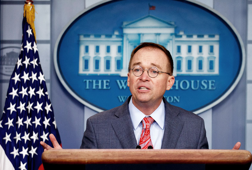 White House chief of staff Mick Mulvaney announces that the G7 will be held at Trump National Doral, Thursday, Oct. 17, 2019, in Washington. (AP Photo/Evan Vucci)