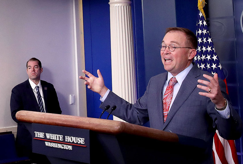 White House chief of staff Mick Mulvaney announces that the G7 will be held at Trump National Doral, Thursday, Oct. 17, 2019, in Washington. (AP Photo/Evan Vucci)