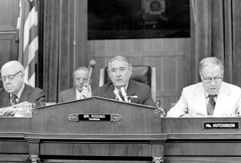 29th July 1974: The Judiciary Committee Impeachment Panel gathered to hear evidence in the Watergate affair, eventually leading to the impeachment of President Nixon. From left to right, Donohue, Rodino and Hutchinson. (Keystone/Getty Images)